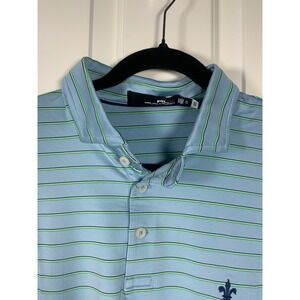 RLX Ralph Lauren Mens XL Blue Striped Performance Golf Polo Shirt Fleur De Lis